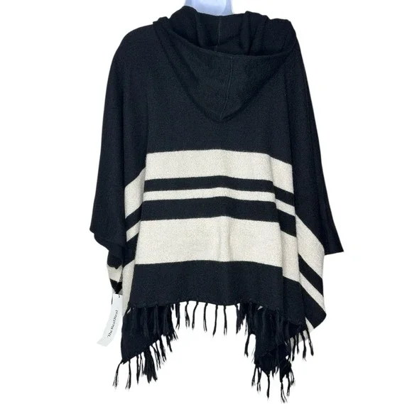 FRAME Baby Alpaca Poncho Block Striped Fringe Black Bone Hooded Cape Cozy Knit - Picture 3 of 10